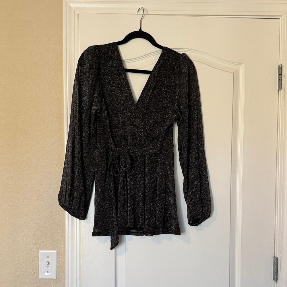 Sparkle Wrap Long-Sleeve Dress - Black